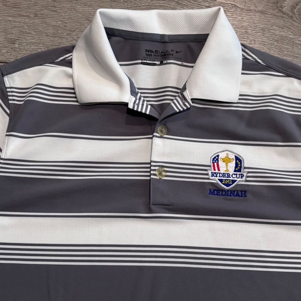 Nike Polo Shirt Mens Small Grey Ryder Cup Medinah Dri-Fit Striped Golf Preppy